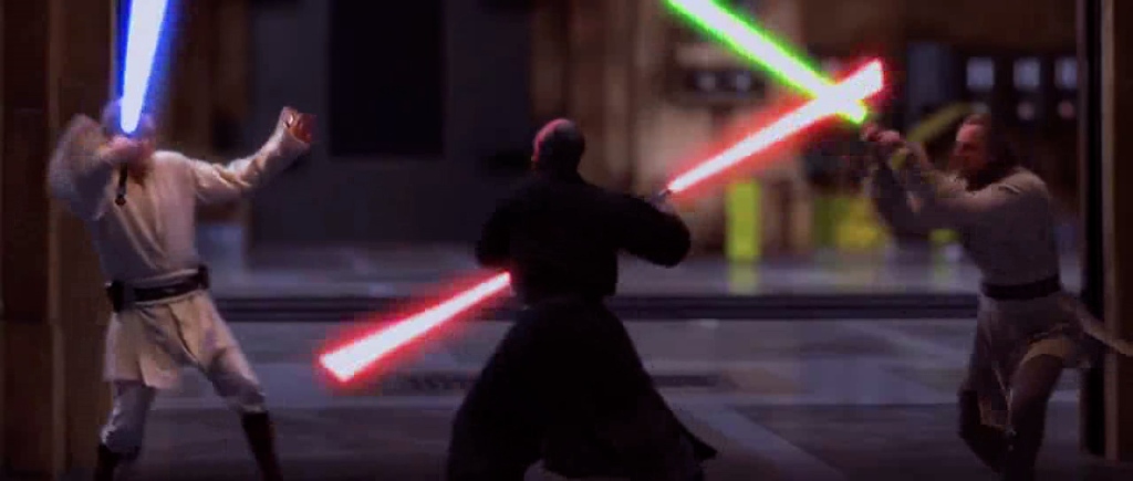 Darth Maul versus Obi Wan and Qui Gon in Star Wars Episode I: The Phantom Menace
